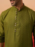 Vastramay Men Mehendi Green Cotton Geometric Jacquard Kurta